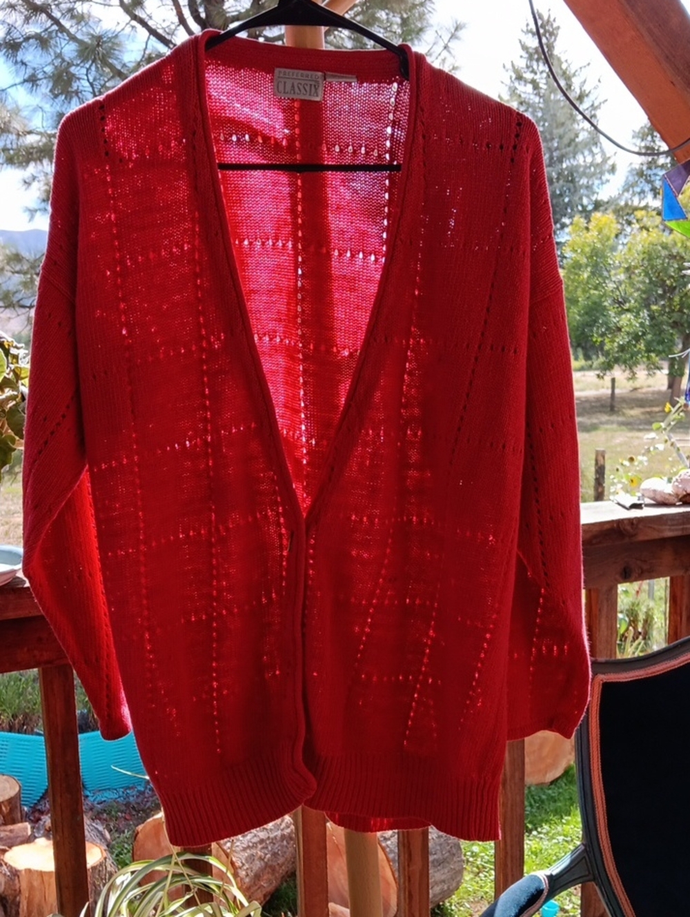 Lightweight Red Open-Weave V-Neck Cardigan